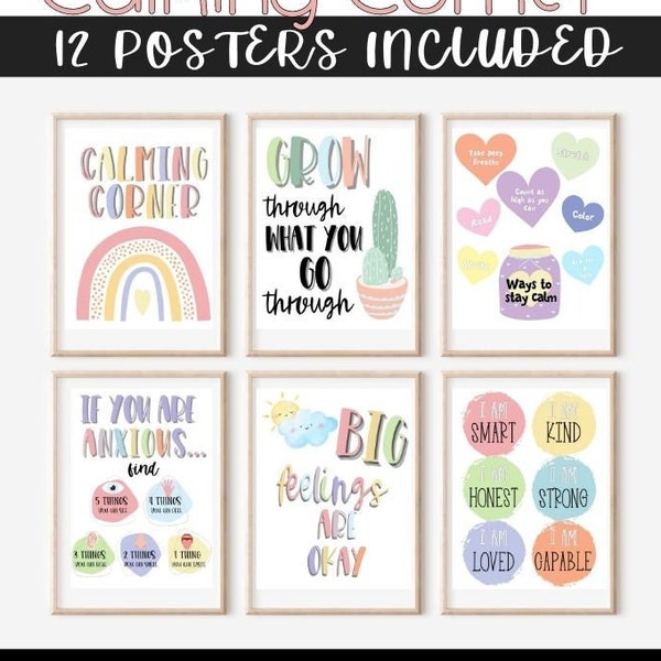 Calming Corner Posters Bundle, Set of 12 Prints, Watercolor, Printable Calm Corner Sign, Calming Techniques, Calm Down Sign