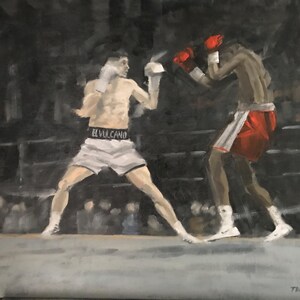 May include: An oil painting depicts a boxing match in a ring. One boxer wears white shorts with "EL VULCANO" on the waistband, white gloves, and shoes. The other boxer wears red shorts and gloves. The background is dark.