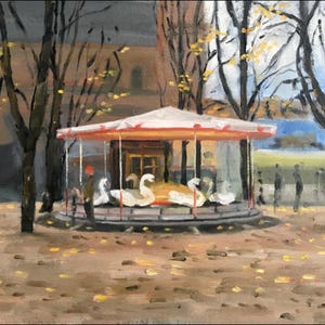 May include: An oil painting depicts a carousel with swan figures under a red and white striped canopy. The scene is set in a park with bare trees and fallen leaves, suggesting autumn. A person stands near the carousel.