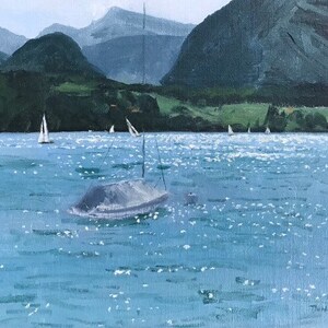 May include: A painting of a lake with mountains in the background. There are several sailboats on the water, and one sailboat is partially submerged. The water is a light blue color and the sky is a light gray color.