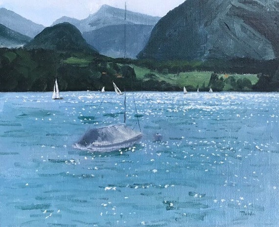 PleinAir Ölgemälde von Thuner See, Schweiz 25,4x30,48cm (10x12“), von Teresa Richter