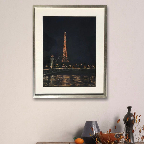 Original PleinAir Pastel, Eiffelturm bei Nacht in Paris, 30x40cm, gerahmt, von Teresa Richter
