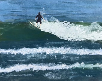 May include: A painting of a surfer riding a wave. The surfer is wearing a black wetsuit and is riding a white surfboard. The wave is green and white and is breaking in the ocean. The background is a blue sky.