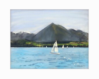 May include: An original painting of a serene lake scene with sailboats. The artwork features a large mountain in the background, with snow-capped peaks and lush green hills. The water is a light blue, and the sky is a pale blue.