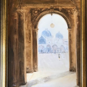 May include: A painting of a view through an archway, showing a large building with multiple domes in the distance. The archway is made of stone and has a light brown color. The building in the distance is white and has a light blue dome. The painting is done in a realistic style.