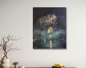 Original Fireworks Oil Painting, Basel Switzerland, Swiss National Day Art (40x50 cm)