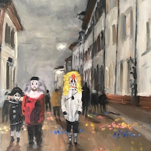 Originales Ölbild von der Basler Fasnacht, Strasse Heuberg, 20x30 cm, von Teresa Richter