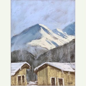 May include: A pastel drawing of two small houses with snow-covered roofs in front of a mountain range. The sky is a light blue with clouds. The houses are a light yellow color with brown doors and windows.