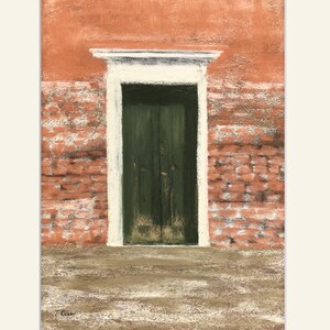May include: An artistic print of a weathered green door set in a red brick wall. The door is framed by a white trim and topped with a white cornice. The ground is a textured, light brown color. The artwork is framed in a white mat.