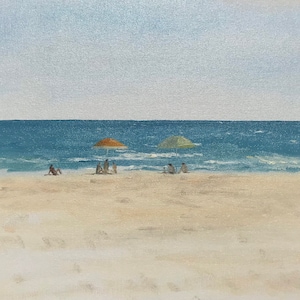 May include: A painting of a beach scene with two umbrellas, one orange and one green, and people sitting on the sand. The ocean is blue and the sky is light blue.