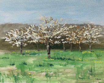 PleinAir Ölgemälde von Frühlingsbäumen in Riehen Schweiz, 30x40 cm, gerahmt, von Teresa Richter