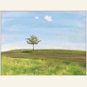 May include: An original landscape painting featuring a solitary tree on a grassy hill under a blue sky with two small clouds. The artwork uses soft colors and brushstrokes to depict a serene outdoor scene, evoking a sense of tranquility and nature.