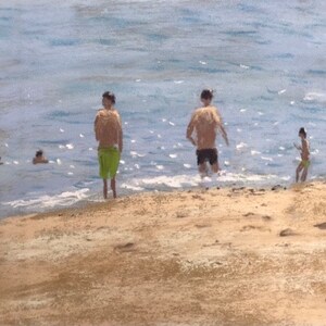 May include: A painting of four people on a beach. Three people are in the water, and one person is standing on the shore. The water is blue and the sand is light brown.