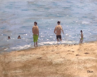 May include: A painting of four people on a beach. Three people are in the water, and one person is standing on the shore. The water is blue and the sand is light brown.