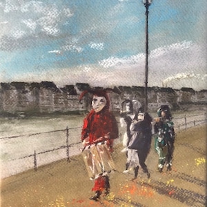 May include: A painting of four people in costumes walking on a sidewalk. The person in the front is wearing a red jester costume with a pointed hat. The other three people are wearing different costumes. There is a streetlight in the background.