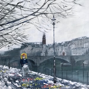 May include: An oil painting depicts a snowy winter scene with a figure playing a drum. The figure wears a yellow wig and a dark coat. A bridge and buildings are in the background. The foreground shows a snow-covered path with colorful flowers.