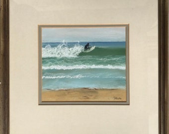 May include: A painting of a surfer riding a wave. The surfer is wearing a wetsuit and is riding a white surfboard. The wave is green and blue and has white foam on top. The painting is set against a background of a blue sky and a sandy beach.