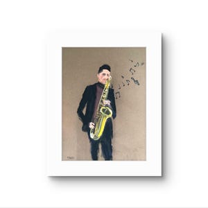 May include: An artistic print of a person playing a saxophone. The musician is wearing a black blazer and a burgundy turtleneck. Musical notes float above the saxophone. The background is a neutral tan color.