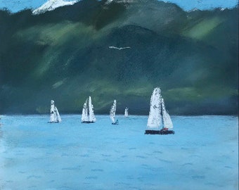 May include: A pastel painting of a mountain range with a blue sky and white clouds. Five white sailboats are sailing on a blue lake in the foreground.