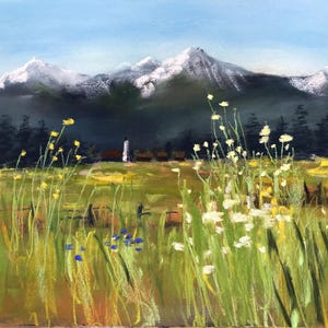 May include: A pastel landscape painting depicts a field of wildflowers in the foreground, with snow-capped mountains in the background. The artwork features a color palette of greens, yellows, blues, and whites, with a fence and a small building.