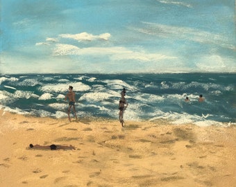 May include: A pastel painting of a beach scene with three people in the water and two people walking on the sand. The sky is blue with white clouds and the ocean is a deep blue with white waves. The sand is a light brown color.