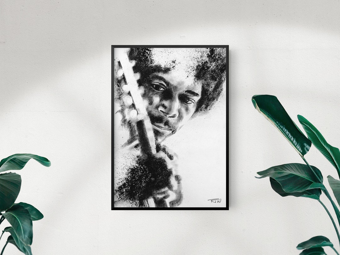 JIMI HENDRIX Art Print Black and White Portrait Drawing A4 Etsy