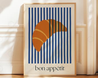 Croissant Print Bon Appetit, French Bakery Wall Art, Striped Kitchen Poster, Parisian Cafe Decor, Modern Foodie Gift Print