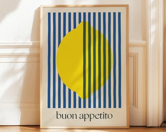 Lemon Print Buon Appetito, Italian Kitchen Wall Art, Striped Citrus Poster, Mediterranean Food Print, Retro Kitchen Decor Gift