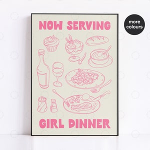 Girl Dinner Print, Aesthetic Kitchen Wall Art Decor Cute Cooking Art Kitchen Guest Check Print Trendy, Kitchen Apartment Decor, Retro Food