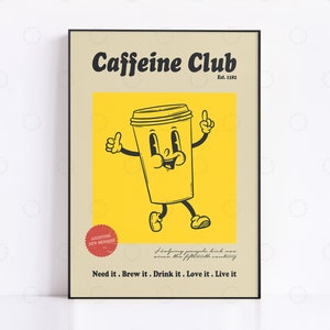 Coffee Print, Caffeine Club, Coffee Bar Decor, Coffee Lovers Gift, Coffee Poster Big Wall Art Kitchen, Retro Coffee Sign, Kitchen Art