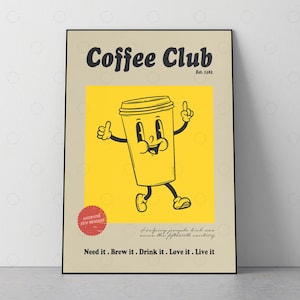 Impresión de café, Impresión retro, Cartel vintage, Amante del café, Decoración de cocina moderna, Cartel de bebidas, Arte pop, Años 50, 60, Impresión de citas, Arte de cocina