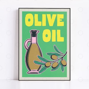 Olive Oil Print, Vintage Food Poster, Retro Food Print, Italian Food Print, Modern Kitchen Wall Art, Retro Food Art, Pop Art