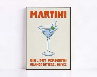 以下が含まれることがあります： 「MARTINI」というオレンジ色の文字が書かれたビンテージスタイルのポスター。青いマティーニグラスに、つまようじに刺さった緑色のオリーブが3つ描かれている。グラスの下には「GIN. DRY VERMOUTH ORANGE BITTERS. OLIVES」という文字が書かれている。
