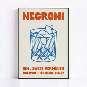 Koktajl Negroni, wydruk, sztuka kuchenna, wystrój kuchni, prezent alkoholowy, sztuka koktajlowa, plakat retro, sztuka nowoczesna z połowy wieku, prezent alkoholowy, wózek barowy