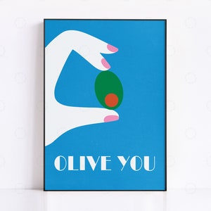Olive You Wall Art, Blue Olive Print, Maximalistische Keuken, Ik hou van je Art Print, Food Art Kitchen Decor, Pop Art Food Print, Cute Olive Print