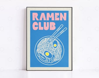 May include: A blue poster with the text "RAMEN CLUB" in pink letters. A white outline of a bowl of ramen noodles with chopsticks is in the center of the poster.