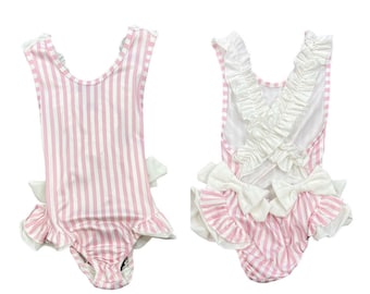 Spanish Swimsuit/Swimming Costume with Pink and White Stripes, Frills and Bows. (Matching girls swimsuits and boys swimming shorts/trunks)