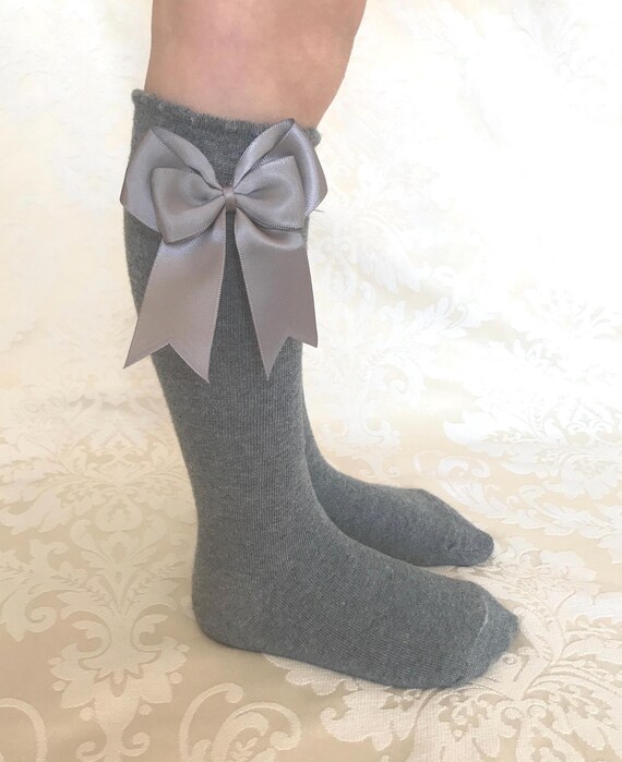 Light Grey School Bow Socks - Spanish Double Bow Knee High School Socks/School Uniform PERFECT PRINCESS