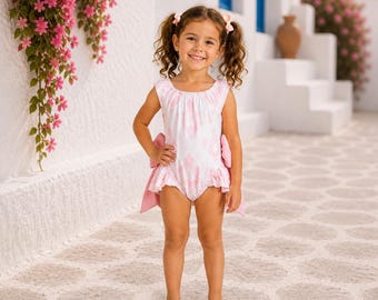 Spanish Swimsuit/Swimming Costume with Pink Vintage Carousel Pattern, Bows and Frills