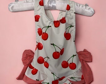 Spanish Swimsuit/Swimming Costume with Cherry/Cherries Pattern and Bows