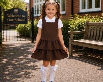 Traditional Brown Girls School Pinafore Dress with Frills | Brown School Uniform
