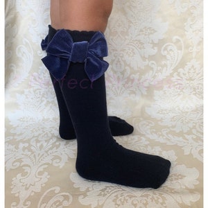 Perfect Princess Navy Knee High Velvet Bow Socks, School Uniform