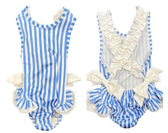 Spanish Swimsuit/Swimming Costume with Blue and White Stripes, Frills and Bows. (Matching girls swimsuits and boys swimming shorts/trunks)