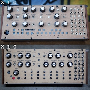 May include: Two modular synthesizers with numerous knobs, buttons, and input/output jacks. The panels are tan with black text and silver knobs, set in a wooden frame. The top unit has the text "X 10" in the upper left corner.