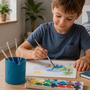 Könnte beinhalten: Ein blauer Silikon-Pinselhalter mit der Prägung JAKO, der vier Pinsel enthält, steht neben einem rechteckigen Aquarellfarbkasten mit zwölf runden Farbnäpfen und einem Blatt Papier, auf dem ein blauer Dinosaurier und eine gelbe Sonne gemalt sind.