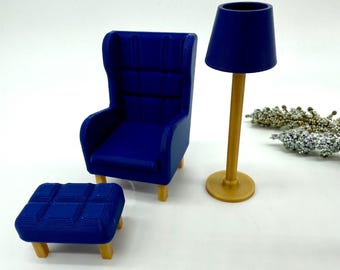 Gnome, 1:12 scale armchair with footstool and floor lamp, dollhouse, 3DKidsDesigns