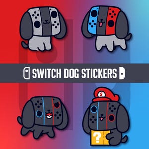 May include: Four adorable cartoon dog stickers featuring a Nintendo Switch controller design. Each dog is a different color and has a different expression. The stickers are perfect for adding a touch of fun to your laptop, water bottle, or phone.
