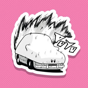 Può includere: Un'illustrazione di un cartone animato in bianco e nero di un'auto con un grande effetto sonoro 'VROOM' stilizzato dietro.