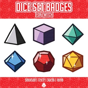 Puede incluir: Conjunto de seis insignias de dados coloridos para Twitch, que incluyen una pirámide, un cubo, un diamante, un dodecaedro, un icosaedro y un dado de 20 caras.