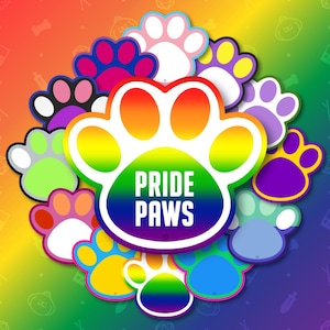 May include: A collection of colorful paw print stickers with a rainbow-colored paw print in the center. The text "PRIDE PAWS" is displayed in white letters on the rainbow paw print. The stickers are in various colors, including pink, blue, and yellow.